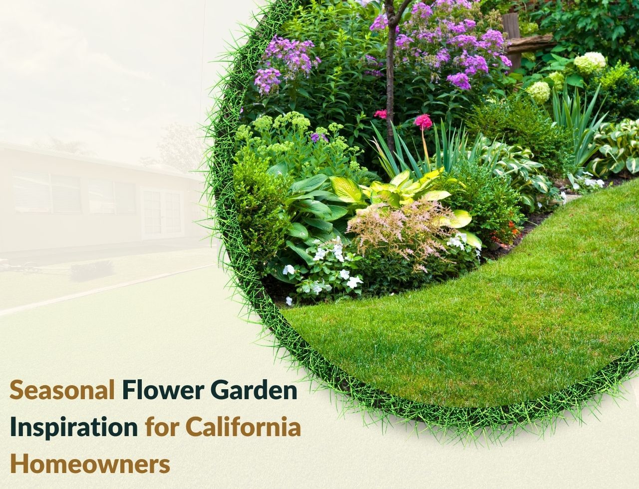 Layered flower garden with colorful blooms in a California backyard