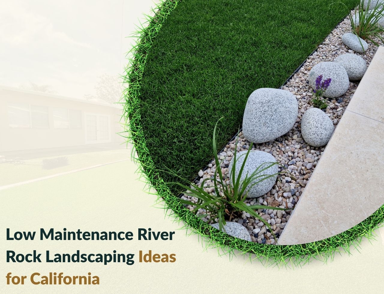 River rock used to edge synthetic grass area in a low-maintenance yard