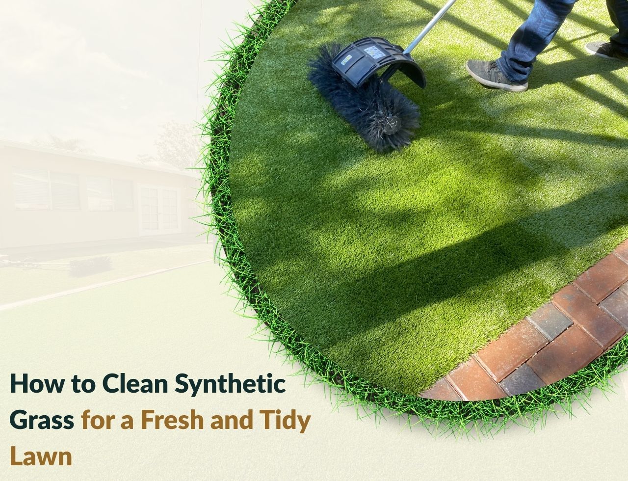Homeowner rinsing synthetic grass in a California backyard