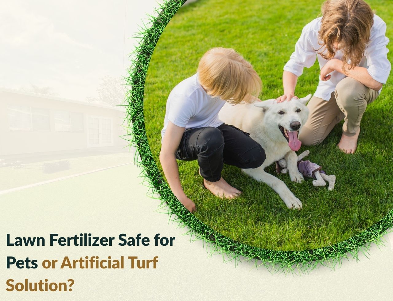 Children and dog playing on low-maintenance artificial grass lawn