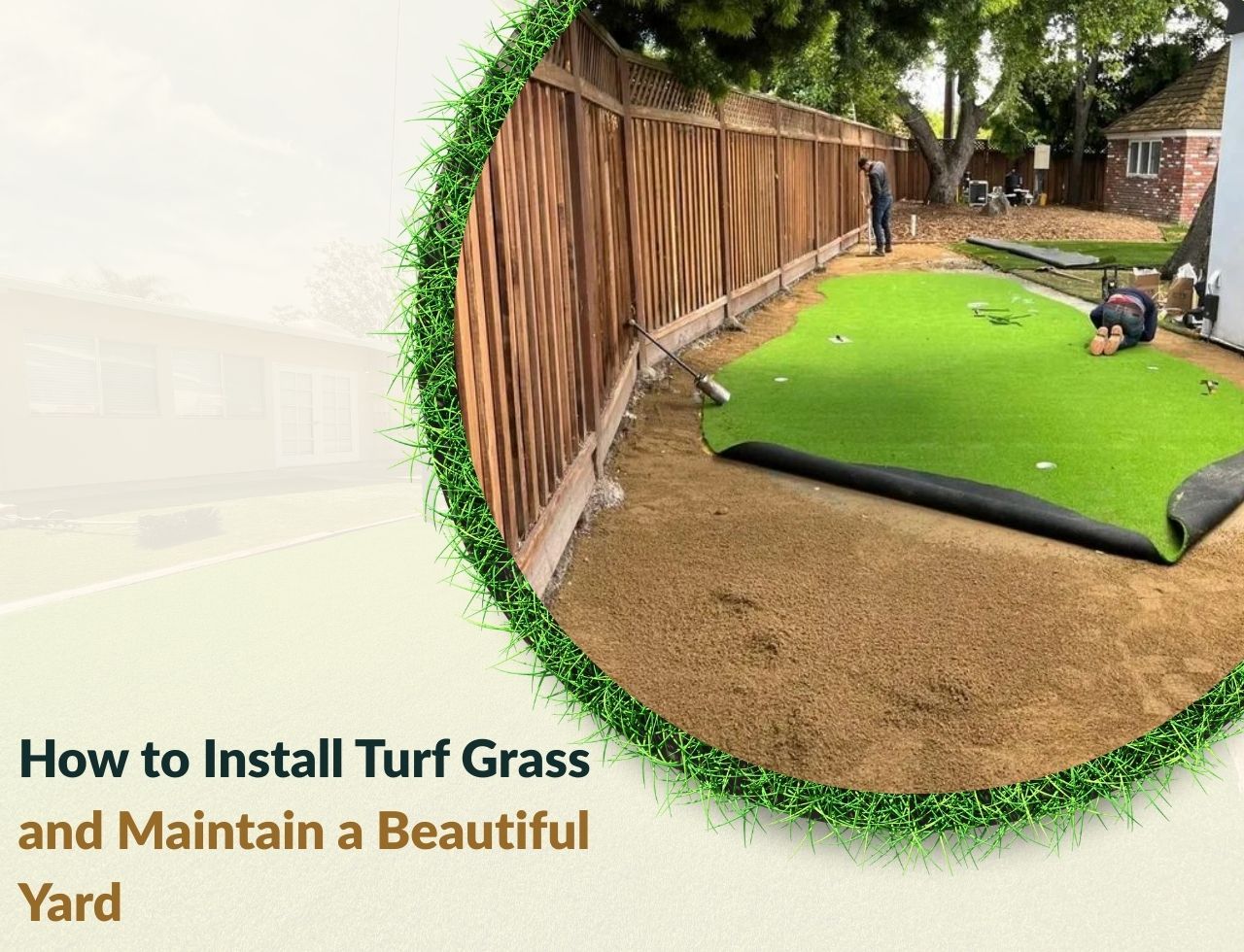 Workers installing artificial turf in a residential backyard