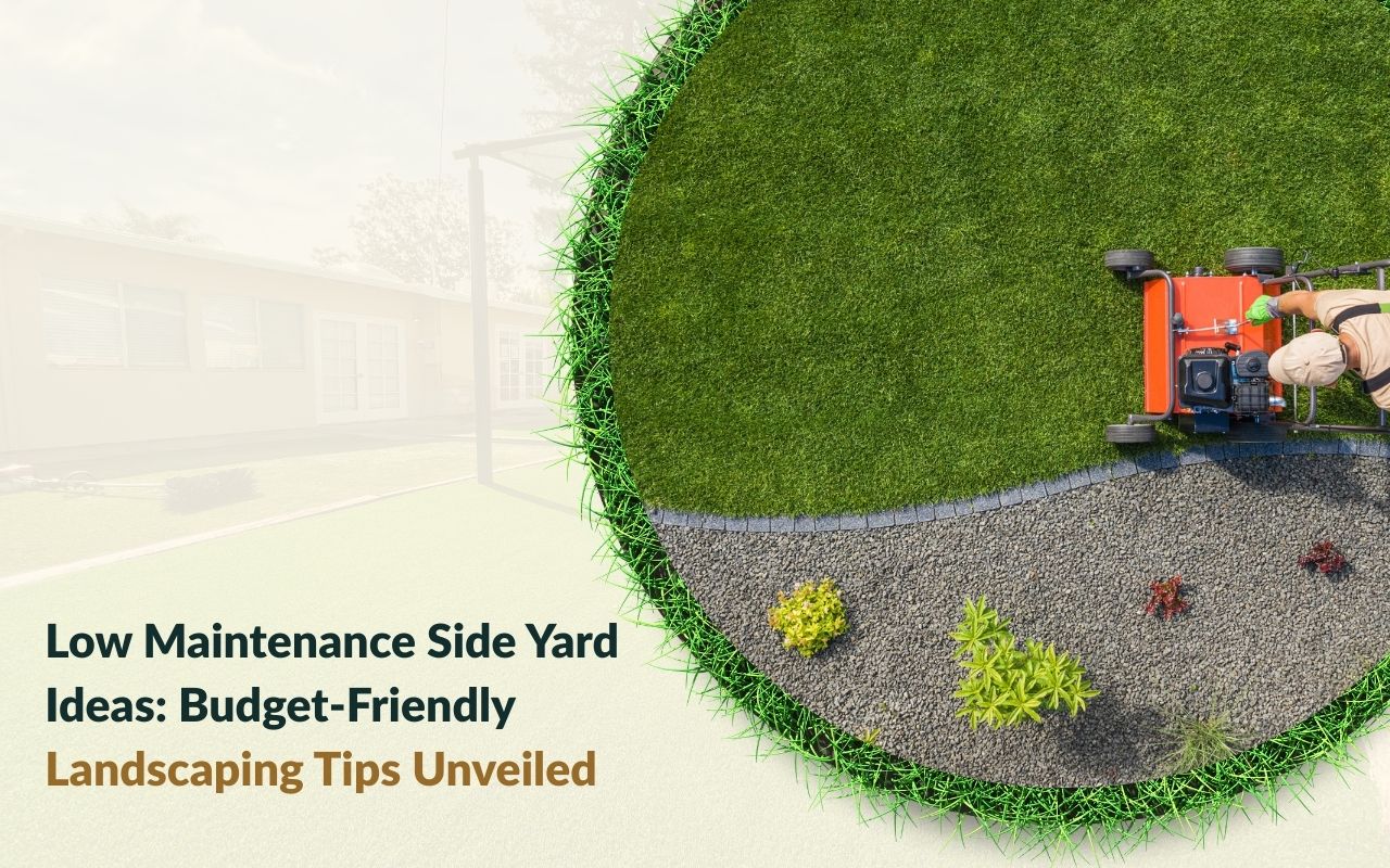 Various low-maintenance plants like succulents, ornamental grasses, and perennials in a side yard.