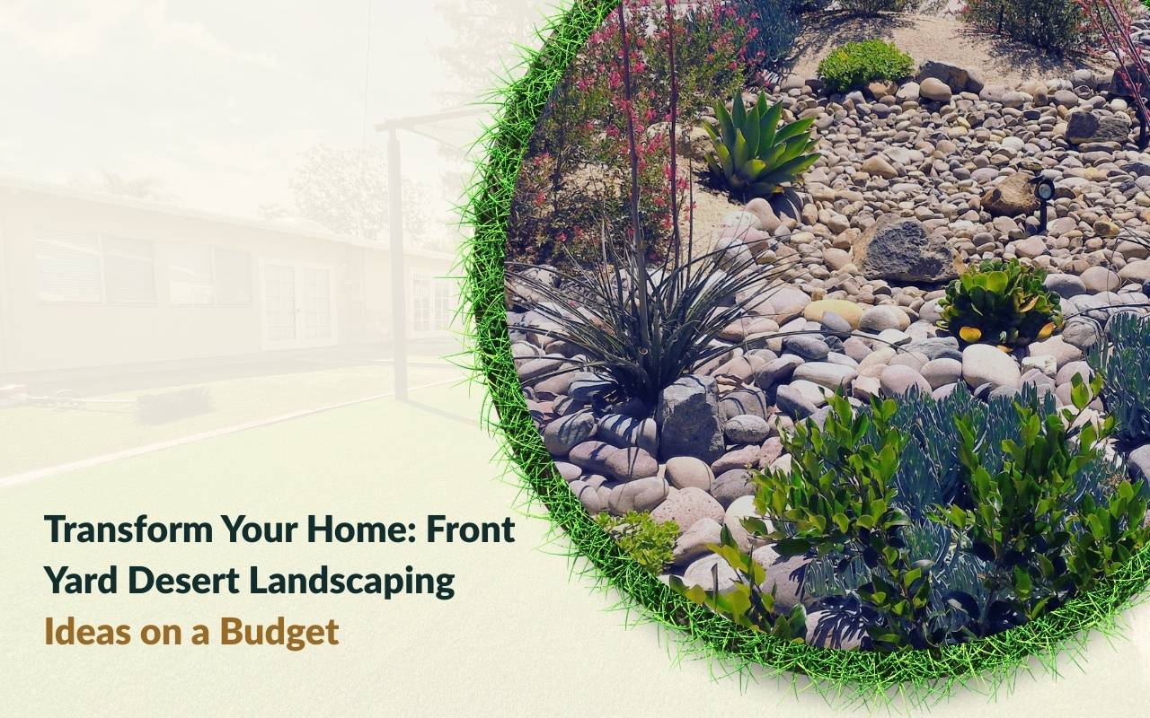 A beautifully designed front yard with desert landscaping and decorative pathways