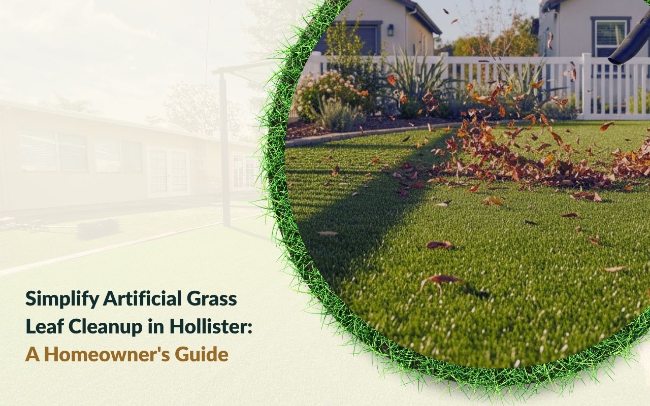 Backyard Artificial Grass Leaf Cleanup in Hollister with leaves being blown off synthetic turf